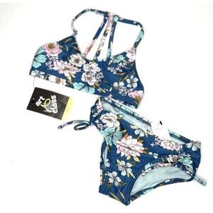 Art Class Girls Beachy Blue Floral Print 2 Piece Bikini Set Size XS (4/5) New!